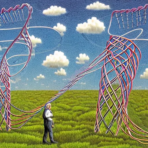 Image similar to in a field, two scientists in lab coats encounter a monster shaped like the DNA double helix, stormy weather, by Rob Gonsalves