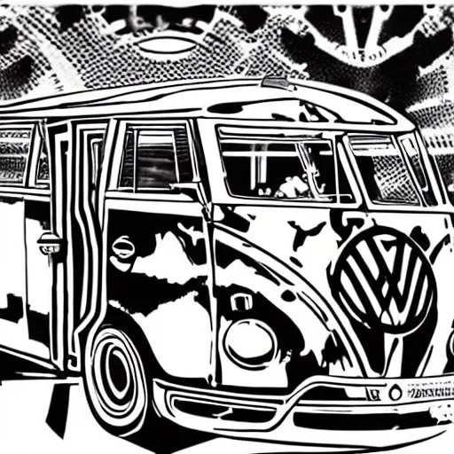 Prompt: illustration of jerry garcia (driving a Volkswagen bus) and waving