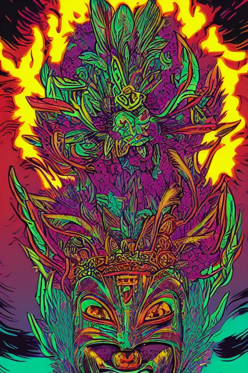 Image similar to animal mask totem roots flower tribal feather gemstone plant wood rock shaman vodoo video game vector cutout illustration vivid multicolor borderlands comics by josan gonzales and dan mumford radiating a glowing aura