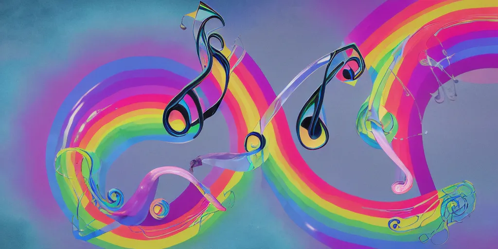 Prompt: intricate curving swirling treble clef staff, complex musical notes, tiny Pink Floyd rainbow prisms, enormous inflatable flying pig in the style of Pink Floyd Animals lp cover, flowing from a glass pyramid prism rendered in Unreal Engine by Storm Thorgerson, faded grey muted wash of distant pastel colors, Cryengine, Raytracing, trending on Artstation, Award Winning, in the style of Pink Floyd Dark Side of the Moon