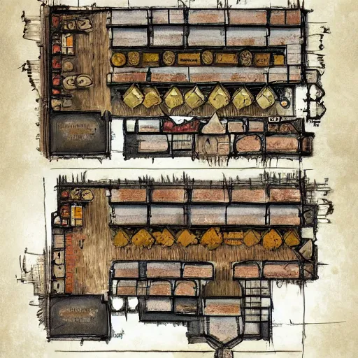 Image similar to full - color floor plan of a fantasy tavern, by greg rutkowski and james gurney, trending on artstation