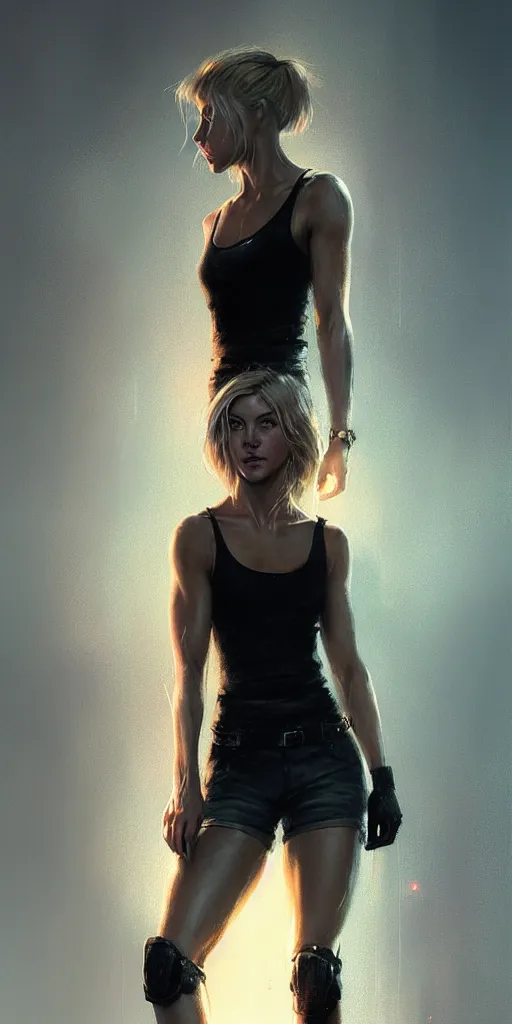 Image similar to portrait of julianne hough by greg rutkowski and wlop, a secret agent, wearing black shorts, wearing black boots, wearing a cropped top, blade runner, highly detailed portrait, digital painting, artstation, concept art, smooth, sharp focus ilustration, artstation, hq