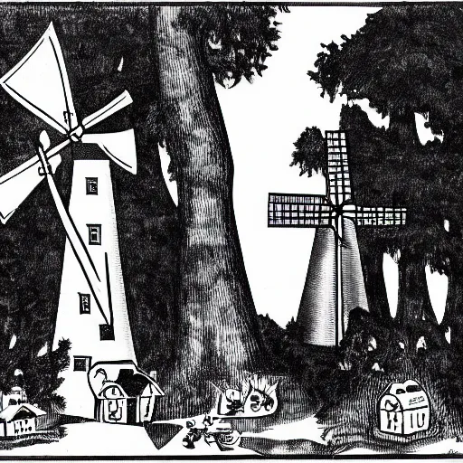 Image similar to magical forest, windmill, 1 9 2 0 s cartoon, black and white, rubber hose, fleischer studios, portrait, merry melodies, sharp focus