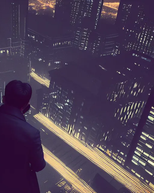 Prompt: a night rooftop scene by Liam Wong, close up shot of a photorealistic gangster wearing a trench coat looking at the city below, dark mood, octane render, unreal engine