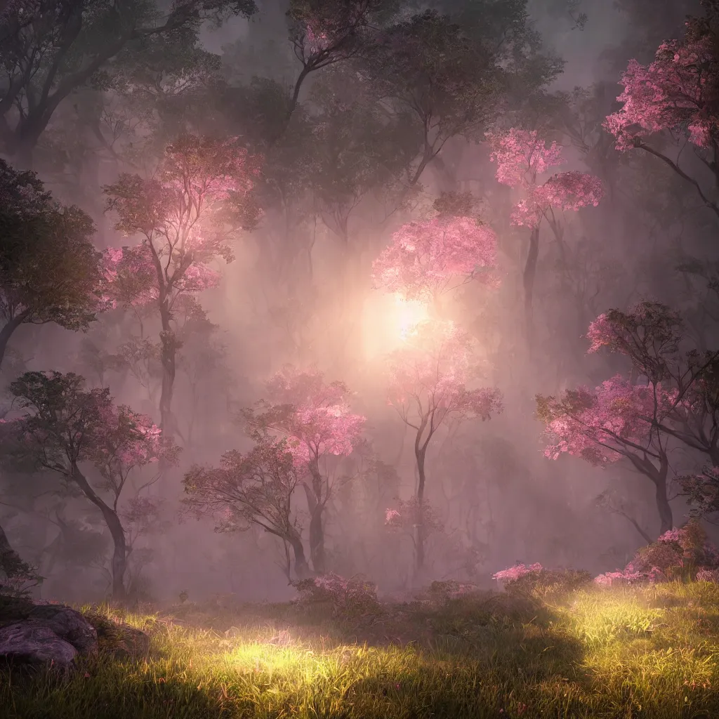 Image similar to fantasy with earth forest and meadow magic, at gentle dawn pink light, cinematic lighting, volumetric lighting, smooth, sharp focus, highly detailed, render in unreal engine 5, artstation, deviantart, behance, trending,, epic composition, hd, octane, unreal engine, volumetric lighting, light rays, masterpiece, award - winning