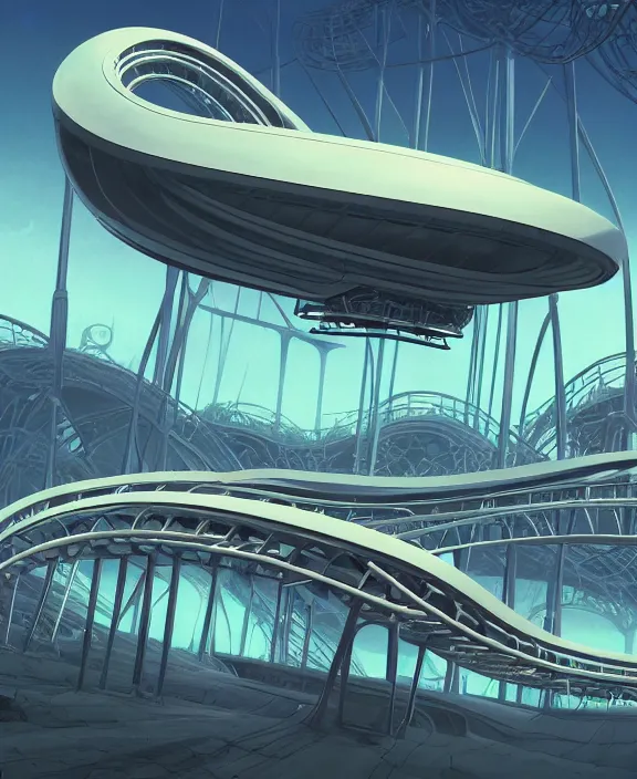 Prompt: simplicity, elegance, a roller coaster building made out of simple organic forms, in the style of a streamlined asymmetrical spaceship, bleak apocalyptic environment, by dan mumford, yusuke murata, makoto shinkai, ross tran, cinematic, unreal engine, cel shaded, featured on artstation, pixiv