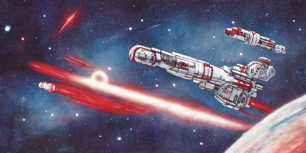 Image similar to Extraordinary white and red spaceship navigating within galaxies, in the style of Chris Foss