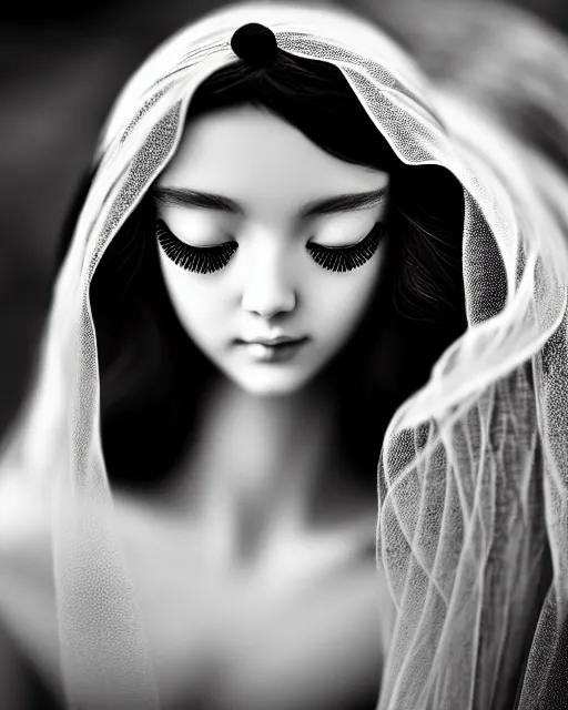 Image similar to black and white dreamy young beautiful veiled female artificial intelligence, realistic flowers ornament in the face, long hair are intricate with highly detailed realistic flowers, cinematic, rim light, bokeh, photo - realistic, elegant, high detail, 8 k, masterpiece, photo taken in 1 9 3 0