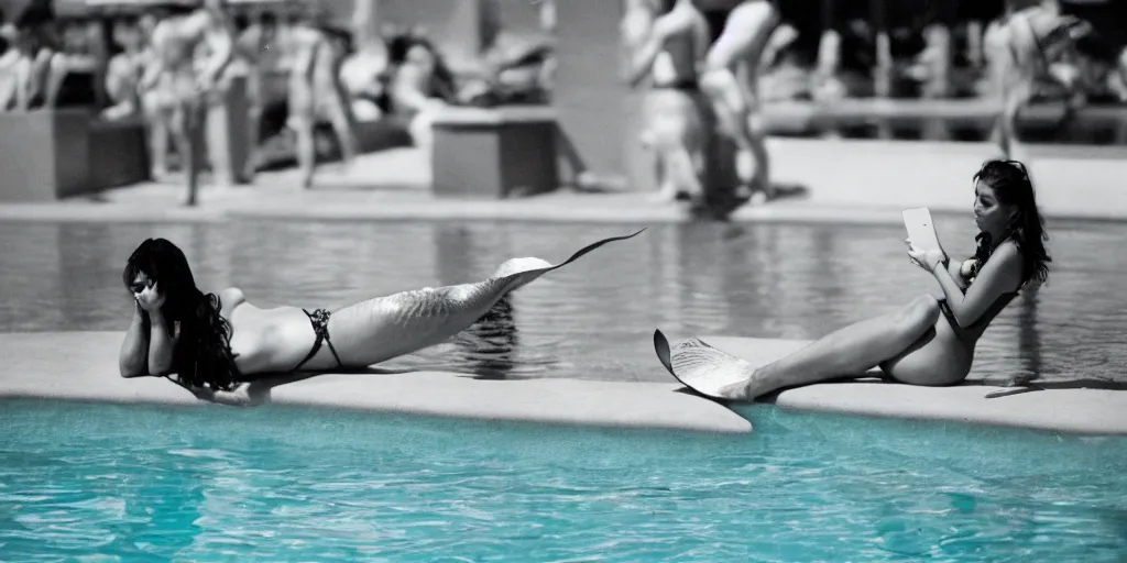 Prompt: a beautiful mermaid in a las vegas pool looking at her phone really annoyed, 50mm film shot, candid, street photography