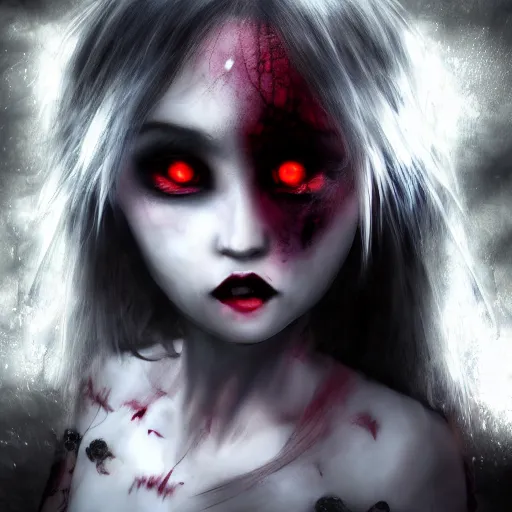 Prompt: photorealistic full shot portrait of kawai angry darkness vampire anime girl, gothic clothing, worrying eyes, inspired by Tim Burton, detailed, unreal engine 4k volumetric light, fog,