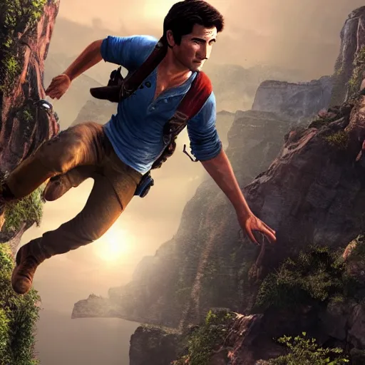 Prompt: young nathan drake jumping off a cliff, highly detailed