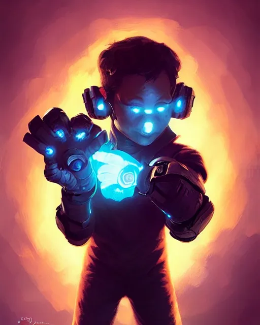 Image similar to a tiny boy with a huge power glove, bust shot, smooth, intricate, elegant, power aura, digital painting, artstation, concept art, sharp focus, illustration, art by justin gerard and josan gonzalez, high contrast