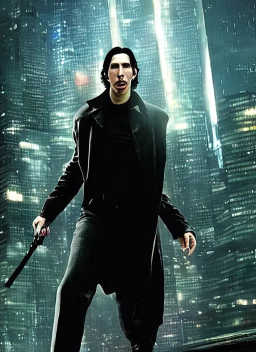 Image similar to adam driver as neo, matrix, city, lightning in the background