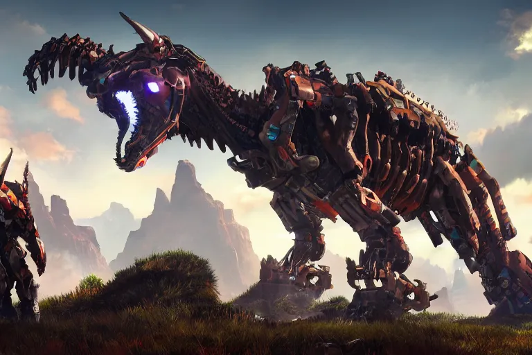 Image similar to grimhorn fanghorn machine mecha animal beast robot of horizon forbidden west horizon zero dawn bioluminiscence global illumination ray tracing hdr fanart arstation by sung choi and eric pfeiffer and gabriel garza and casper konefal