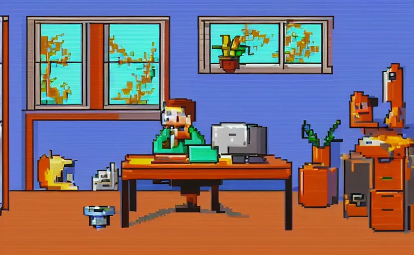 Image similar to Pixel-art. Trending on artstation. Screenshot of Music to chill/study to youtube video. Character sitting and relaxing in front of their work desk in their cozy room as a peaceful scene is seen through the room's window.