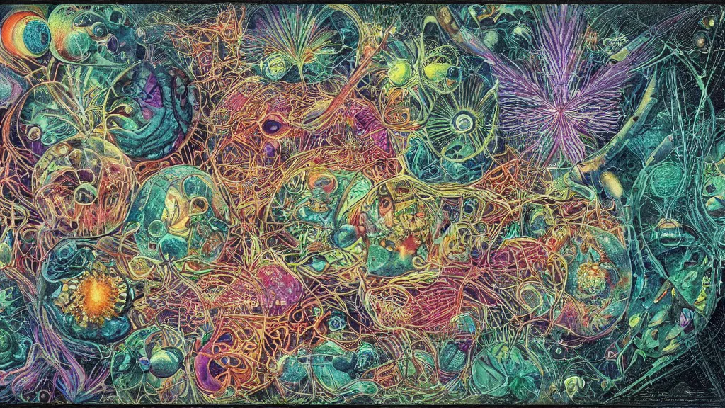 Image similar to quantum connections represented as symbiotic organisms like cells playing around with colorful lights by ernst haeckel