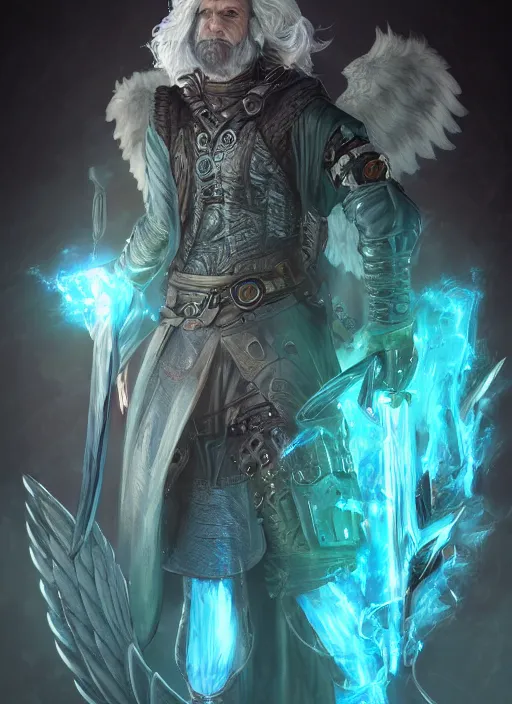 Image similar to An epic fantastic realism comic book style portrait painting of aasimar hexblade warlock, teal electricity, male, grand angel wings, silver hair, short beard, 4k, 8k, Apex Legends Concept Art, D&D Concept Art, unreal 5, DAZ, hyperrealistic, octane render, cosplay, RPG portrait, dynamic lighting