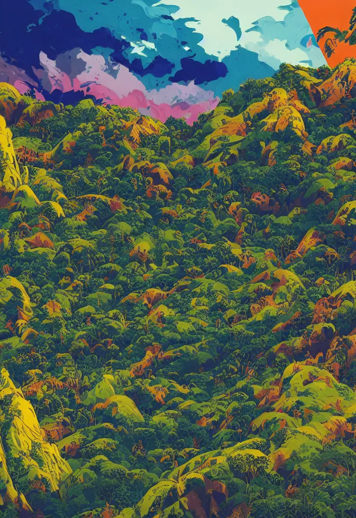 Prompt: handmade Hyperdetailed illustration of an epic and dramatic Stunny hillside Color-ritual scene with a very few tiny Samurai, blue sky with dramatic clouds, the jungle at the background, line art, ink, heavy brushstrokes oil on canvas by Kilian Eng and by Jake Parker, vibrant colors, winning-award masterpiece, fantastically gaudy, aesthetic octane render, 8K HD Resolution, High quality image