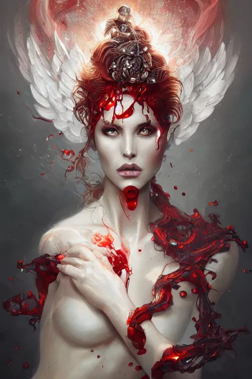 Prompt: beautiful model face covered with blood diamonds wearing fire velvet drowning in water, diamonds, angel, fantasy, dramatic lighting, highly detailed, digital painting, magic the gathering, hyper detailed, 3 d render, hyper realistic detailed portrait, peter mohrbacher, wlop, ruan jia