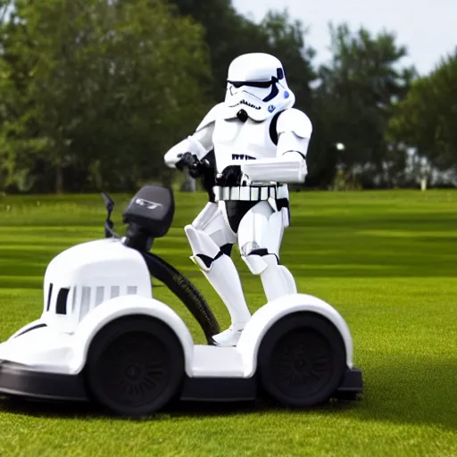 Image similar to An Imperial Stormtrooper riding a lawnmower in an alien spaceship, 4K HD