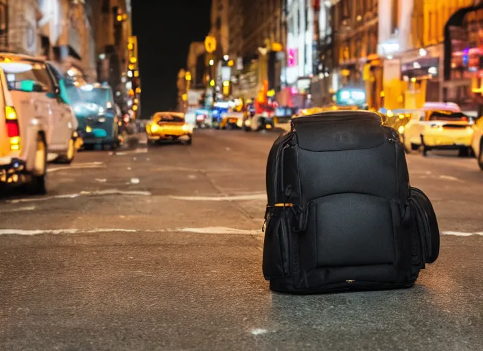 Image similar to photography of a Cat being carried in an half open backpack . in a new york street. award winning photo, led lighting, night, 130mm, sharp, high res