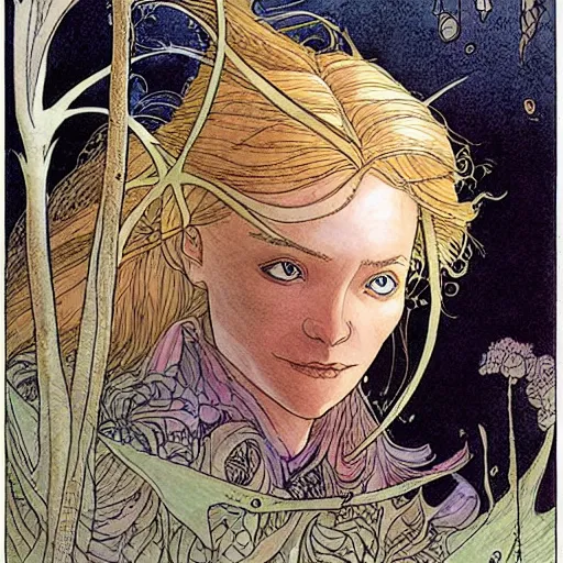 Image similar to a beautiful portrait of sanna!!!!! marin!!!!!, the young female prime minister of finland as a druidic wizard by rebecca guay, michael kaluta, charles vess and jean moebius giraud