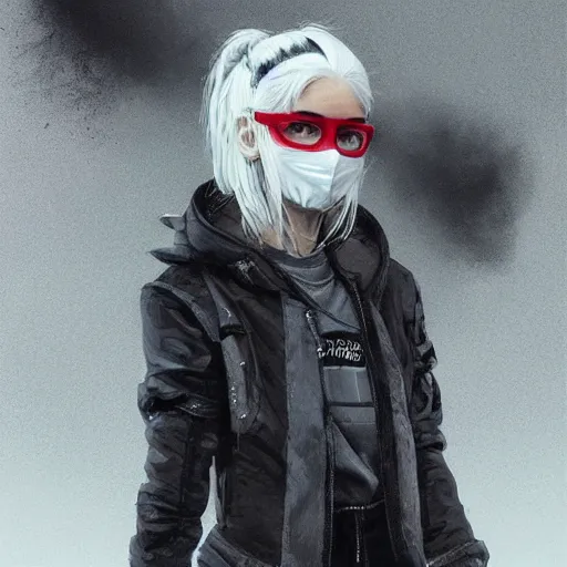 Image similar to very cool girl white hair girl with mask, streetwear, techwear, cyberpunk style outfit, full body, nose piercing, detailed portrait, intricate complexity, by greg rutkowski, cushart krentz, artgerm, ross tran, conrad roset, takato yomamoto, ilya kuvshinov. 4 k, beautiful, cinematic dramatic atmosphere, portrait lighting