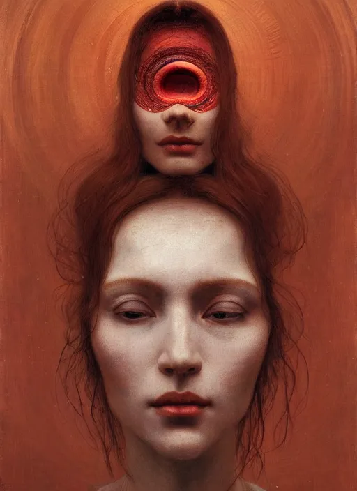 Prompt: Woman masterpiece, beautiful eyes, red, golden halo behind her head, red wires wrap around, by Edgar Maxence and Ross Tran, Zdzisław Beksiński, and Michael Whelan, distant, gustav dore, H.R. Giger, 8k, octane render