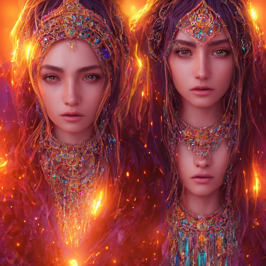 Image similar to portrait highly detailed beautiful symmetrical face high priestess intricate elegant detailed crystal jewellery with tribal feathers, lush colourful volumetric lighting, anime digital painting, concept art, smooth, sharp focus 3 d, divine realm of gods, realistic cinematic style, octane render, photographic, unreal engine 8 k