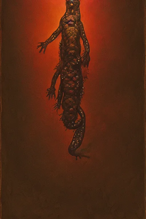 Image similar to rotten salamander,in the style of Beksiński and Patrick J. Jones and Judson Huss,trending on artstation, uncanny lighting first-person view,Dreamworks ,Sabattier filter ,gothic ,tintype photo,oil and canvas ,