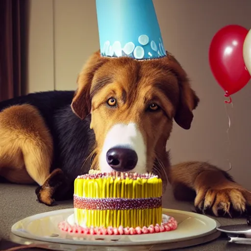 Image similar to large dog eating a birthday cake, photorealistic, 3 5 degree shot, movie still