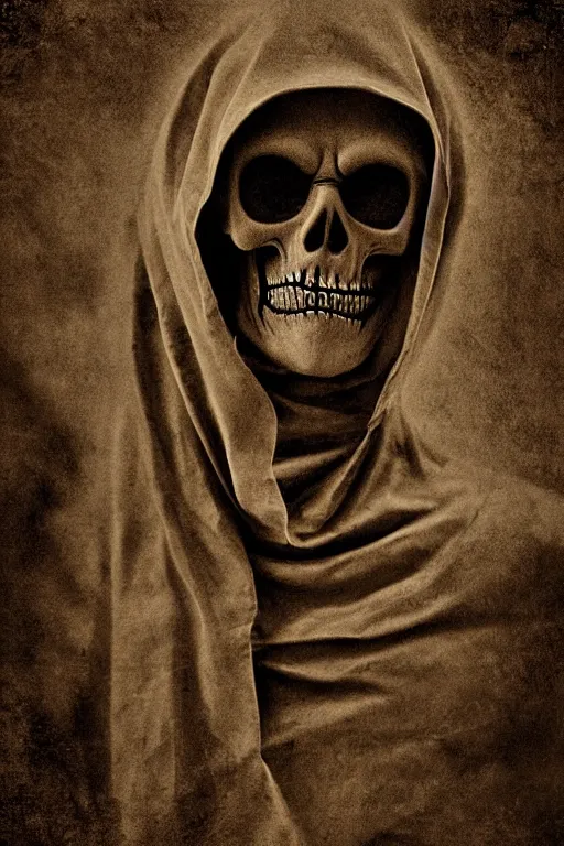 Image similar to skeletor, portrait, full body, symmetrical features, silver iodide, 1 8 8 0 photograph, sepia tone, aged paper, sergio leone, master prime lenses, cinematic