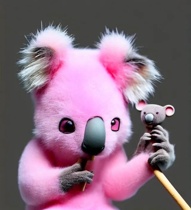 Image similar to high quality 3 d render hyperrealistic very cute small pink koala smoking joint, smoke rising from the joint, plush mascot, short spiky dense fluffy smooth hair, photo from the side, pink fluffy fur, 1 5 0 mm, beautiful natural soft light, rim light, vray, smooth background, artstation, ultra detailed