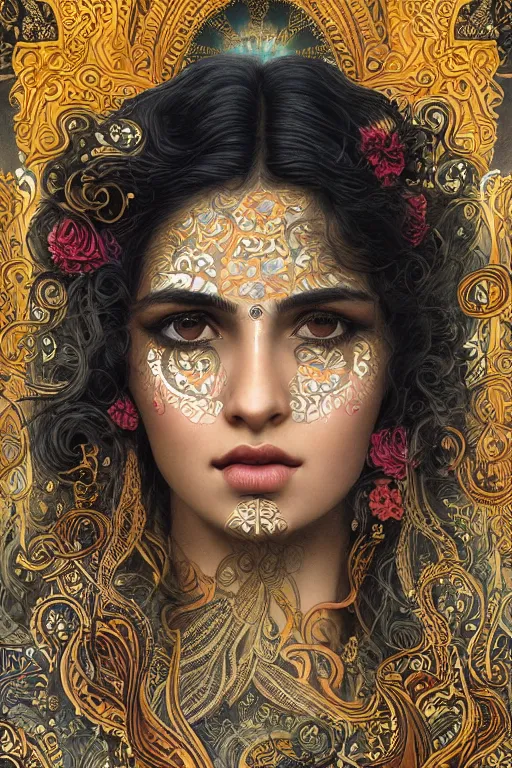 Image similar to a stunning ultradetailed illustration of an indian woman with epic wavy hair surrounded by paisleys and art nouveau floral patterns, by vania zouravilov and tom bagshaw, deep depth of field, catchlight in the eyes, studio lighting, golden ratio composition, 3 5 mm lens, very detailed, 8 k, artstation