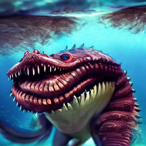 Image similar to sea monster about to eat pov underwater, big eyes, terrifying, hyper realistic, 8 k cinematic