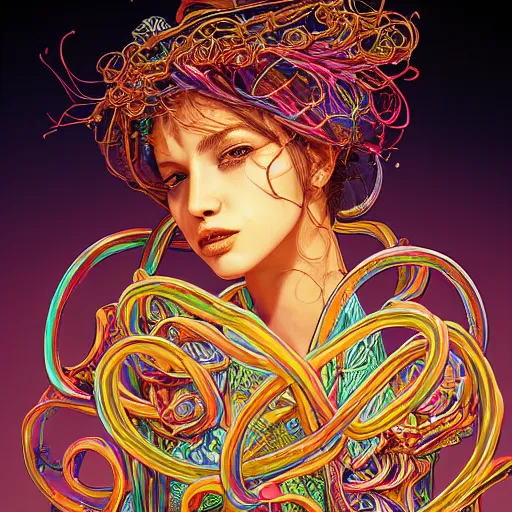 Image similar to the portrait of a ridiculously beautiful and elegant woman partially made of onion rings of all colors, an ultrafine detailed illustration by james jean, final fantasy, intricate linework, bright colors, behance contest winner, vanitas, angular, altermodern, unreal engine 5 highly rendered, global illumination, radiant light, detailed and intricate environment