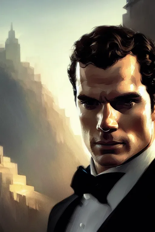 Image similar to portrait of henry cavill as james bond, rifling intro, highly detailed, digital painting, artstation, concept art, cinematic lighting, sharp focus, illustration, art by artgerm and greg rutkowski and alphonse mucha