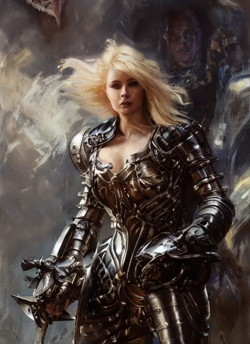 Image similar to short muscular blonde woman wearing medieval armour, detailed by gaston bussiere, bayard wu, greg rutkowski, giger, maxim verehin, greg rutkowski, masterpiece, sharp focus, cinematic lightning