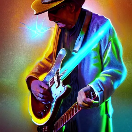 Image similar to a Stevie Ray Vaughn guitarist playing so intensely there is electricity shooting out from his guitar, energy beams under his finger tips, and magic sparkles from the freboard, amazing ditial art, trending on artstation, featured on deviantart