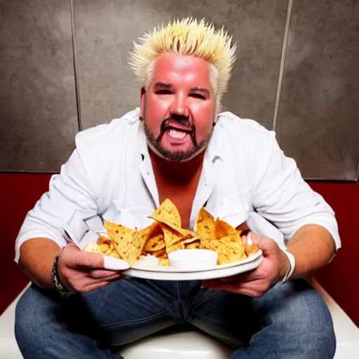 Prompt: guy fieri sitting on a white toilet in a bathroom stall , eating a plate of nachos that is sitting on his lap, 8k