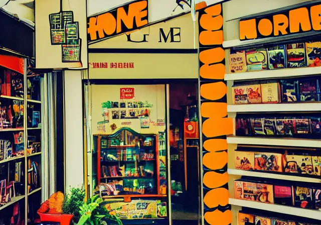 Image similar to home photography portrait, inside of the shop name SHOME, floor, signboards , poster ; summer, Color VHS picture quality with mixed noise