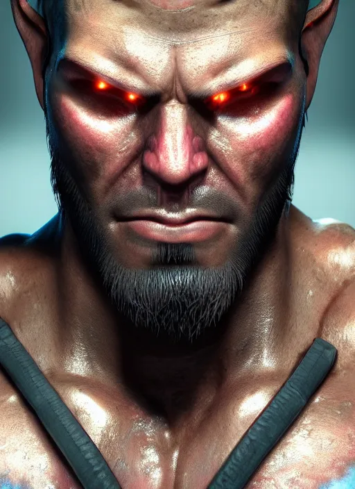 Image similar to glowwave portrait of a muscular demon, au naturel, hyper detailed, digital art, trending in artstation, cinematic lighting, studio quality, smooth render, unreal engine 5 rendered, octane rendered, art style by pixar dreamworks warner bros disney red dead redemption far cry doom cyberpunk 2 0 7 7 riot games and overwatch.