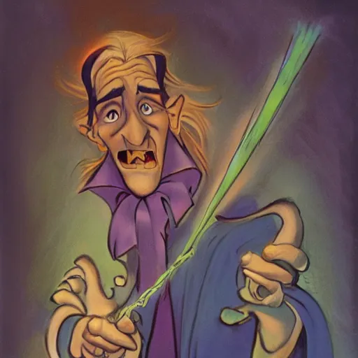 Image similar to portrait of old wizard with crystal wand, rodel gonzalez, marc davis, milt kahl, jim warren, don bluth, glen keane, jason deamer, rob kaz, character art, concept art