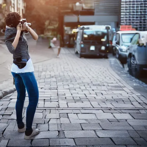 Image similar to woman taking a photograph with a studio camera on the sidewalk outdoors