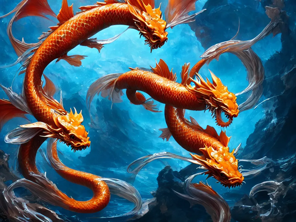 Image similar to intertwined koi dragon fish, water torrent background, jesper ejsing, james jean, justin gerard, tomasz alen kopera, cgsociety, fenghua zhong, makoto shinkai, octane render, highly detailed, rim light, cinematic lighting, hyper realism, high detail, intricate, 4 k, masterpiece