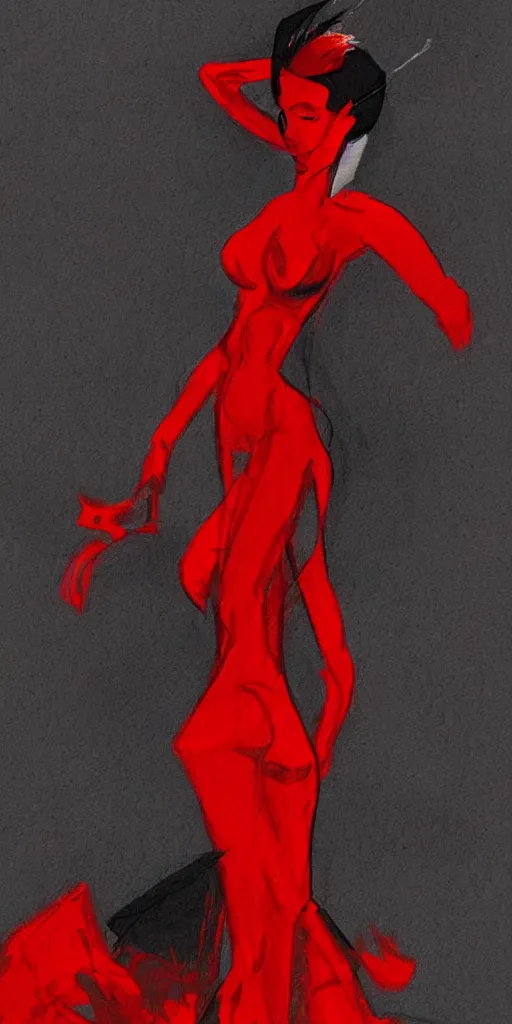 Prompt: sensual concept art of a red woman in a dress dancing, red shading, black baground, only red and black, patrick westwood style, red series, benjamin conalin style, artstation trending, high detail