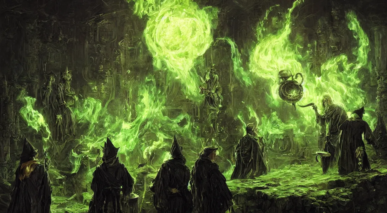 Image similar to A highly detailed oil painting by Greg Rutkowski of a group of sorcerers wearing black robes making a potion in a huge bubbling cauldron glowing bright green, with lots of fire coming from it, highly detailed fantasy concept artwork, very realistic, green and black color scheme, graffiti.