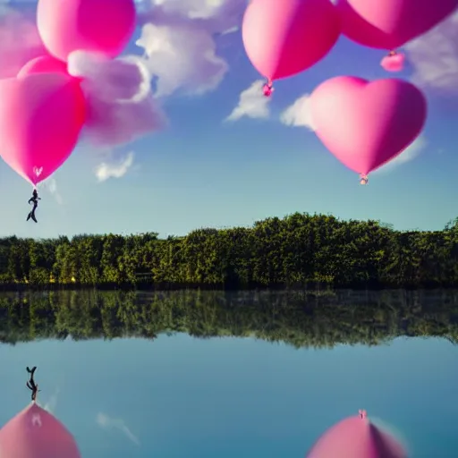 Image similar to dream a 5 0 mm lens photograph of a cute pink floating modern house, floating in the air between clouds, inspired by the movie up, held up from above by heart ballons. mist, playful composition canon, nikon, award winning, photo of the year