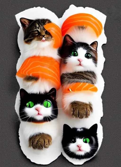 Image similar to clear photorealistic picture of adorable cats made out of sushi