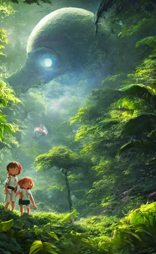 Image similar to a still of a cute adorable tiny astronaut, on a planet of lush foliage, with an enormous kaiju dragon surrounding, magical forest, sharp focus, neon backlit, highly detailed, disney pixar studio ghibli makoto shinkai, digital painting, matte, octane render, global illumination, iridescent, anime, 8 k concept art